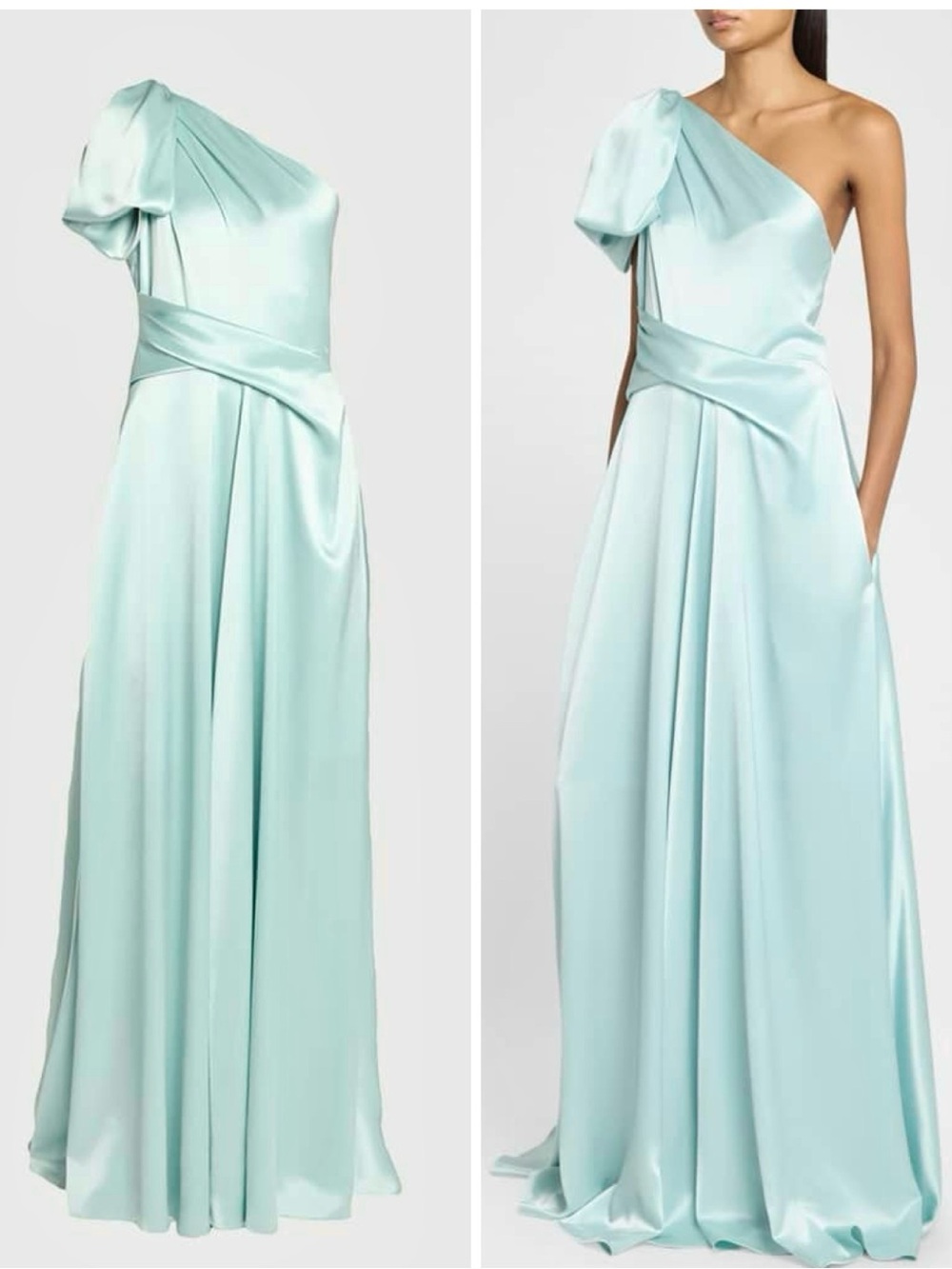 Talbot Runhof Bow One-Shoulder Crepe Satin Gown Blue-Azul Maxi Dress